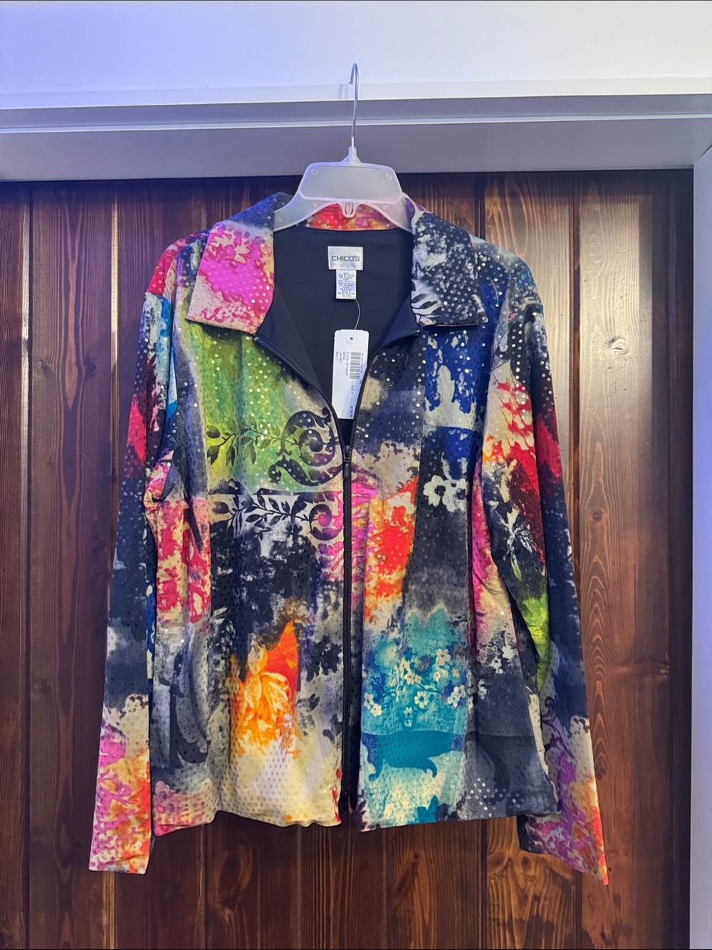 Chico's Multicolor Abstract Floral Zip Bomber Jacket